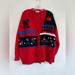 Napa Valley Red and Black Cardigan with Floral and Bow Accents Size 2x